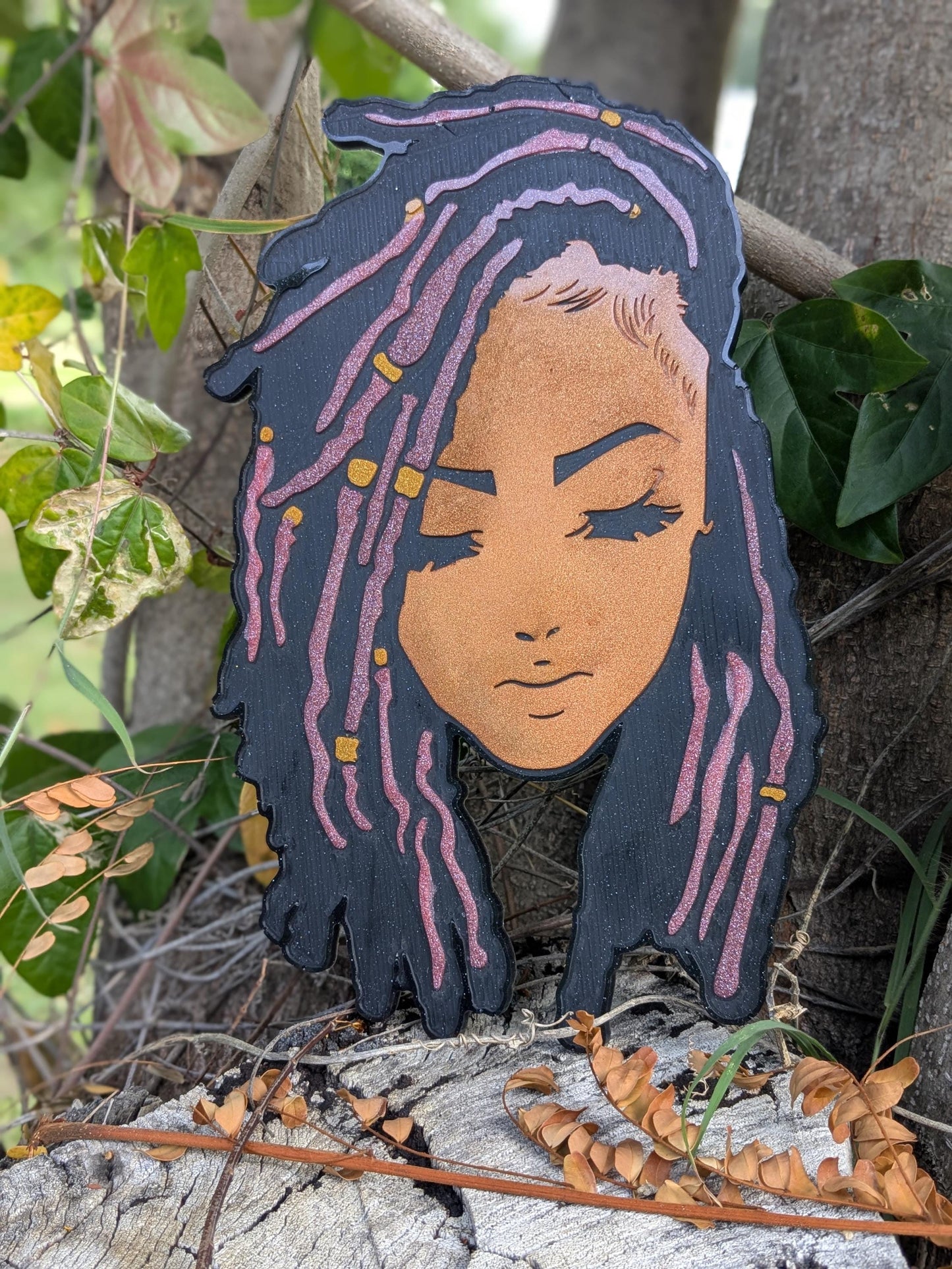 Locd In Beauty Afro-Caribbean Wall Art | Handmade Glitter Resin Queen Portrait | Cultural Home Decor