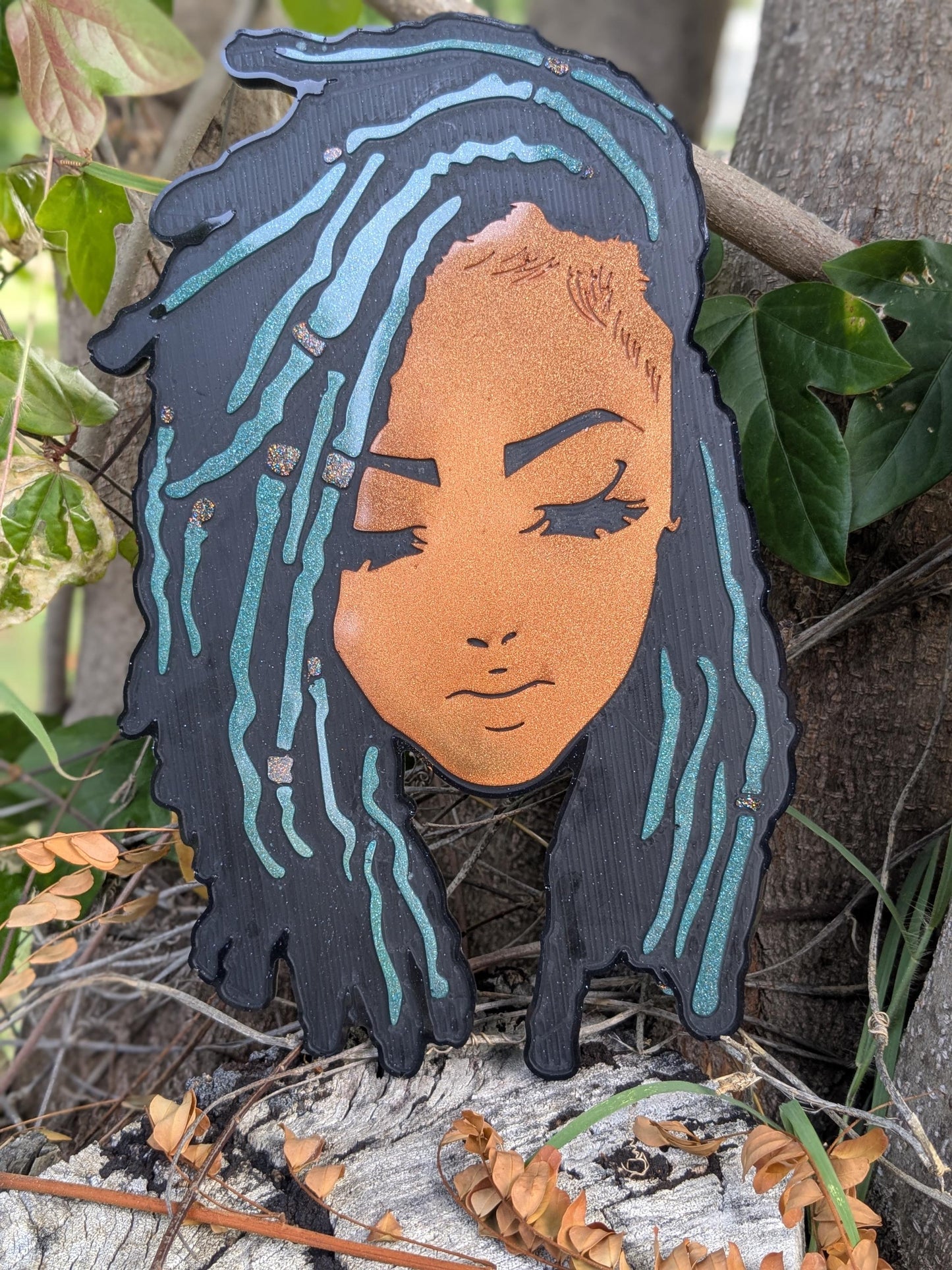 Locd In Beauty Afro-Caribbean Wall Art | Handmade Glitter Resin Queen Portrait | Cultural Home Decor