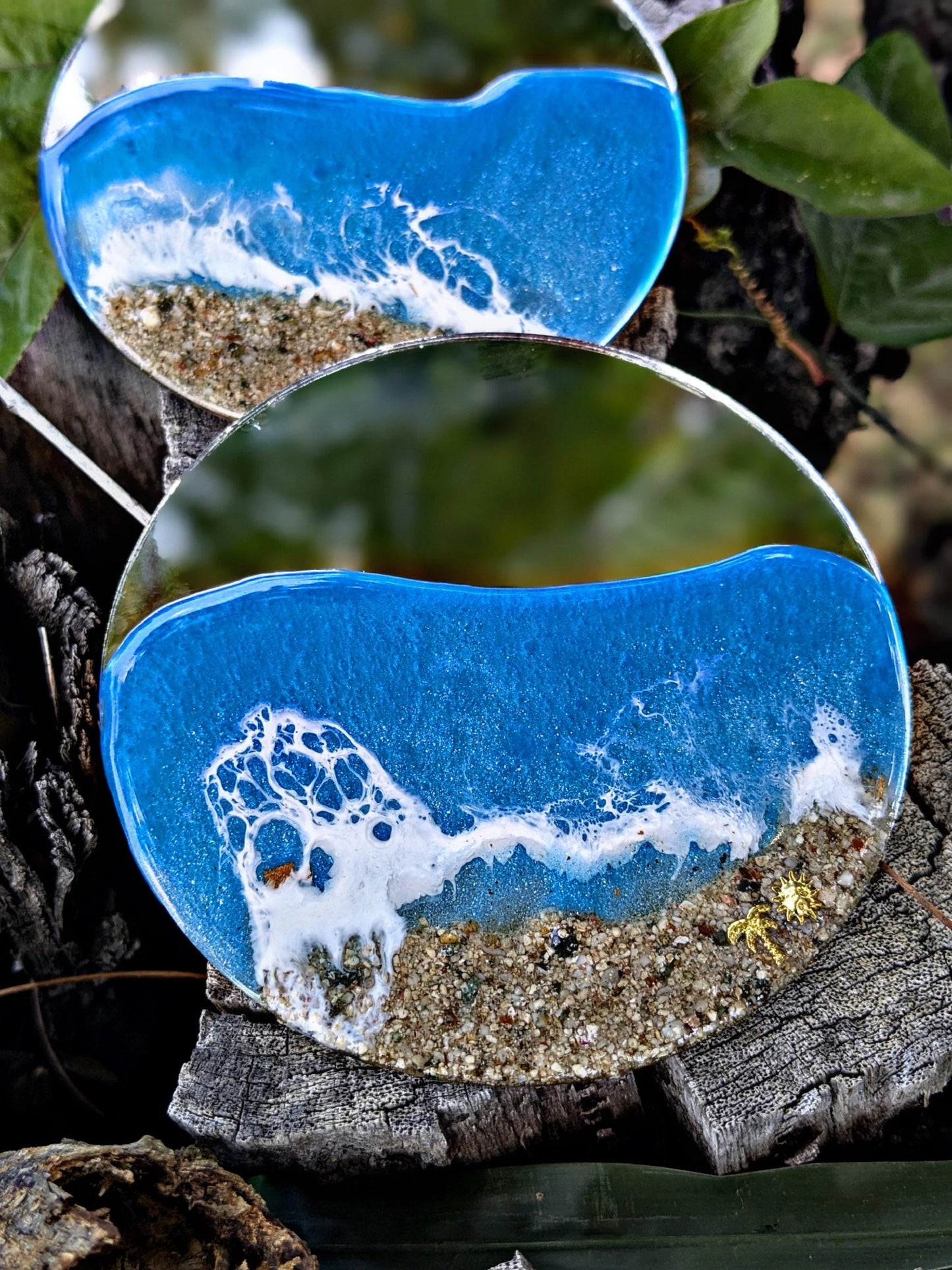 Coastal Ocean Mirror Ornament Handmade Resin Wave Art with Gold Sun | Beach Christmas Gift | Tropical Holiday Tree Decor