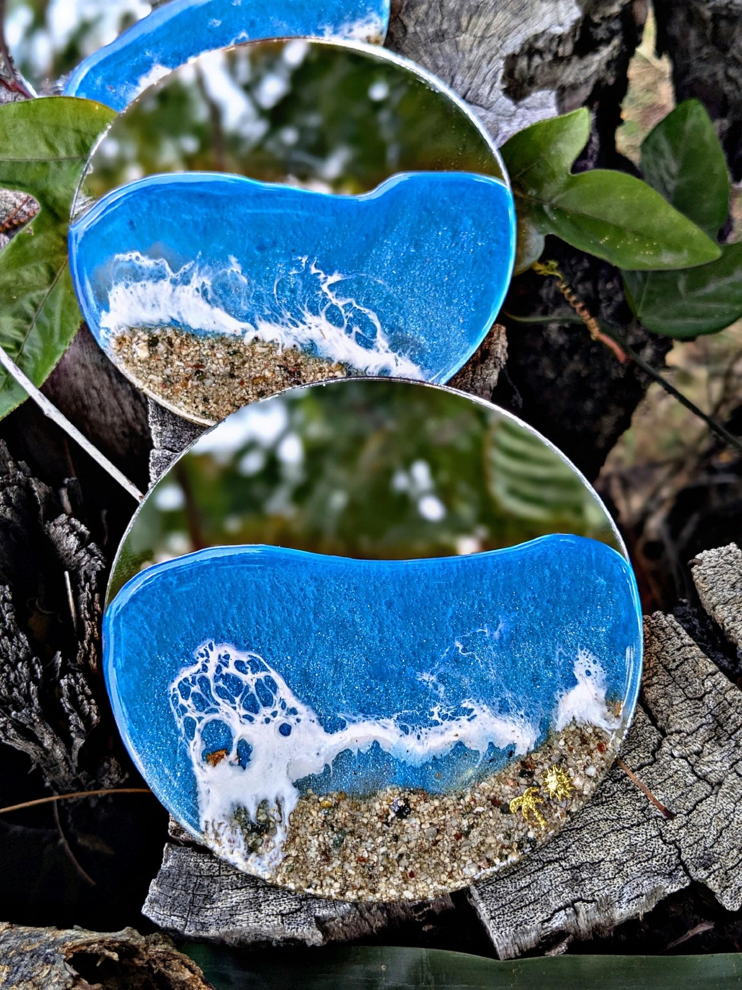 Coastal Ocean Mirror Ornament Handmade Resin Wave Art with Gold Sun | Beach Christmas Gift | Tropical Holiday Tree Decor