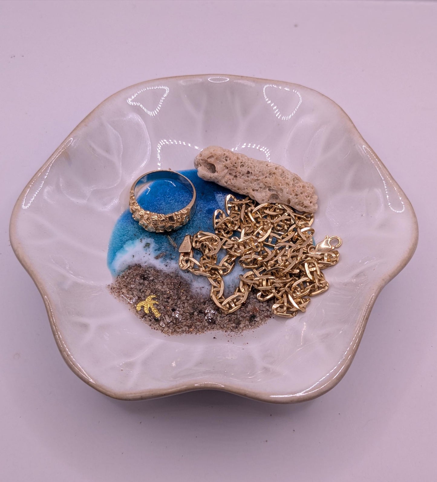 Coastal Trinket Dish with Ocean Resin Art Handmade Ring Bowl with Real Sand, Gold Foil & Beachy Detail | Jewelry Holder Gift