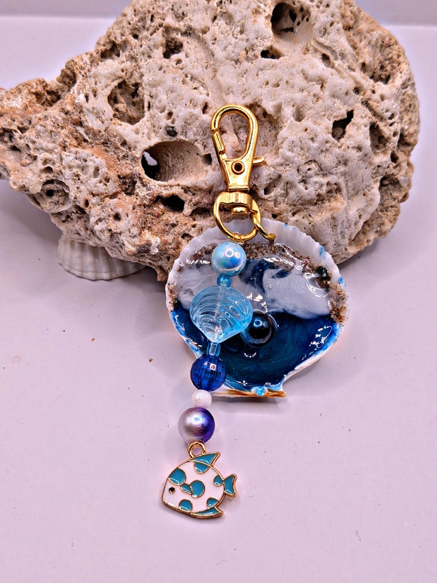 Ocean Shell Keychain with Starfish Charm Handmade Coastal Beaded Accessory