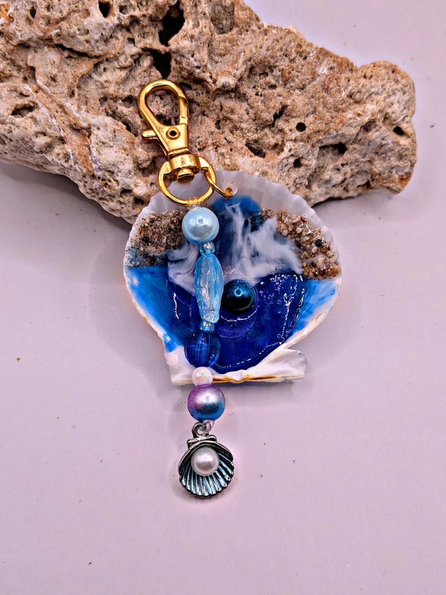 Ocean Shell Keychain with Starfish Charm Handmade Coastal Beaded Accessory