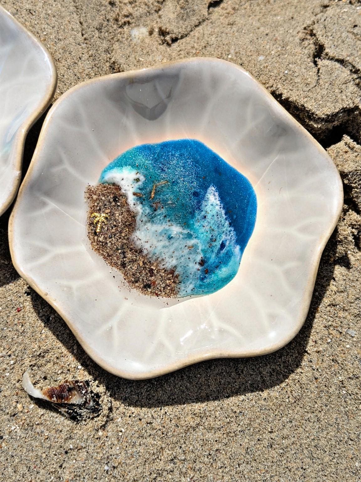 Coastal Trinket Dish with Ocean Resin Art Handmade Ring Bowl with Real Sand, Gold Foil & Beachy Detail | Jewelry Holder Gift