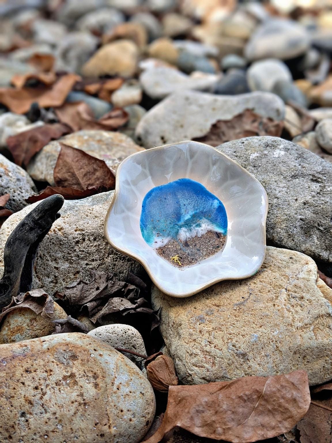 Coastal Trinket Dish with Ocean Resin Art Handmade Ring Bowl with Real Sand, Gold Foil & Beachy Detail | Jewelry Holder Gift
