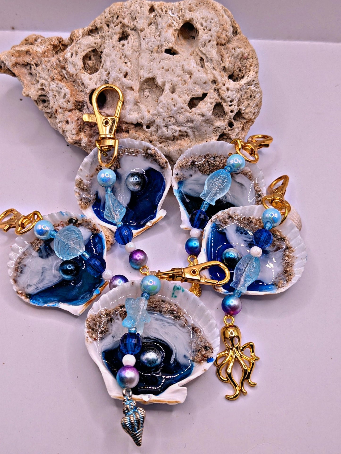 Ocean Shell Keychain with Starfish Charm Handmade Coastal Beaded Accessory