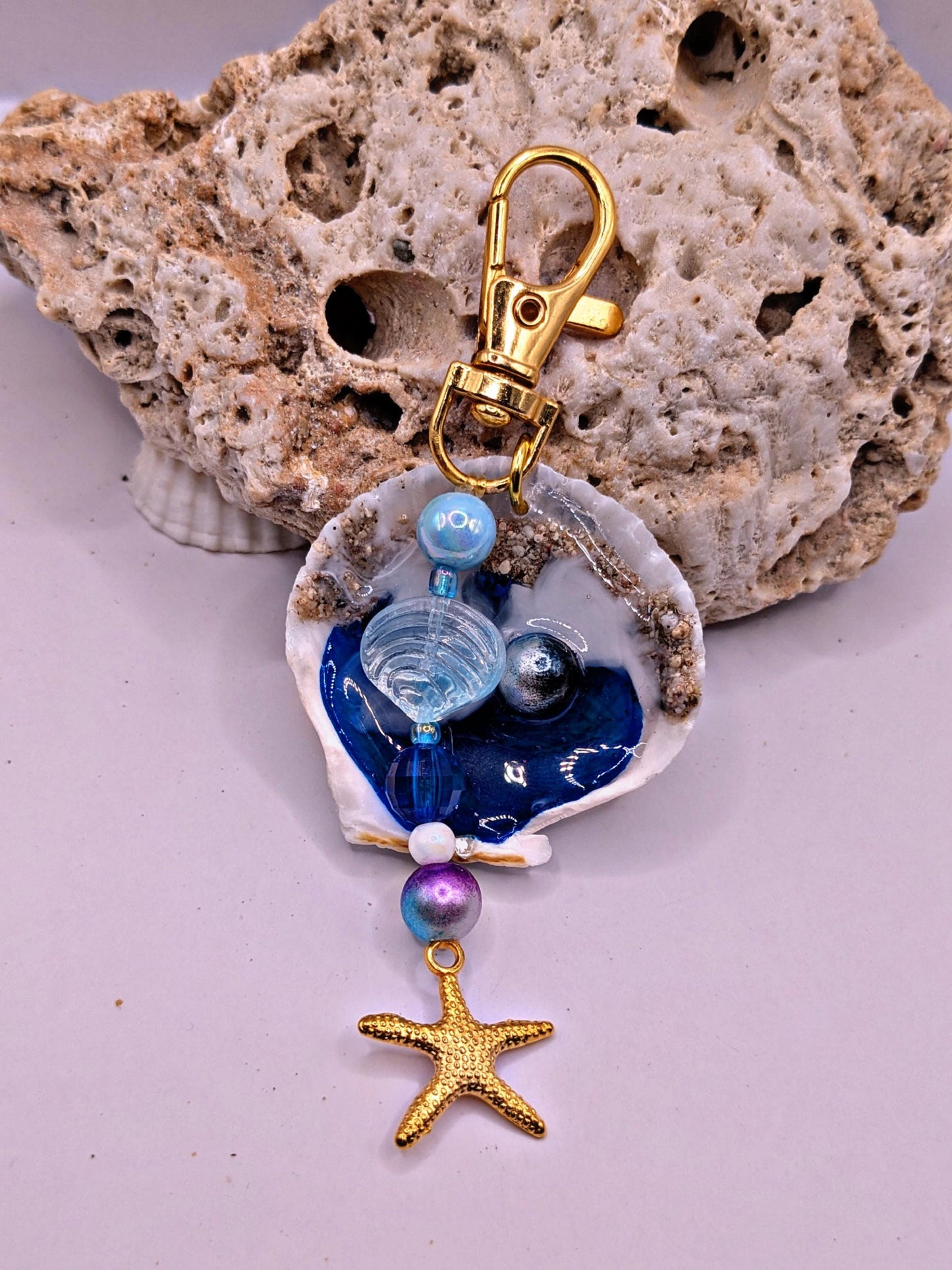 Ocean Shell Keychain with Starfish Charm Handmade Coastal Beaded Accessory