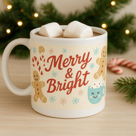 Christmas Mug Wrap PNG | Merry & Bright Holiday Mug Sublimation | Gingerbread Hot Cocoa Mug Design | 11 oz