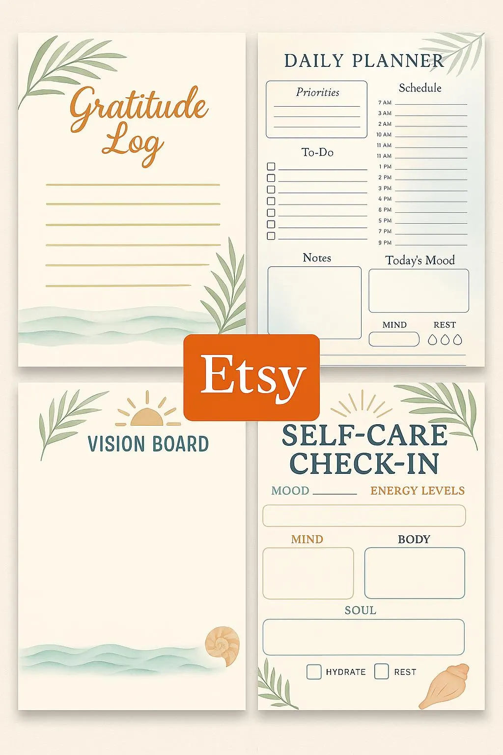 Self-Care Digital Planner Bundle | Daily & Gratitude Journal Pages | Vision Board and Check-In | Coastal Printable
