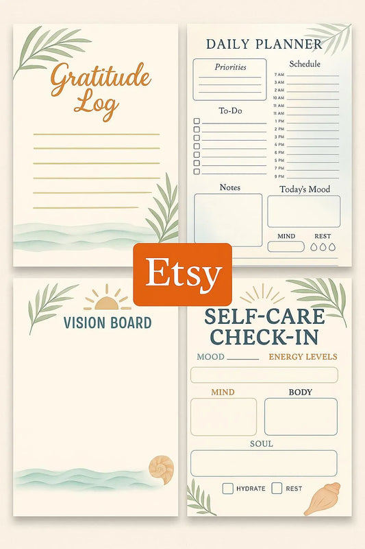 Self-Care Digital Planner Bundle | Daily & Gratitude Journal Pages | Vision Board and Check-In | Coastal Printable