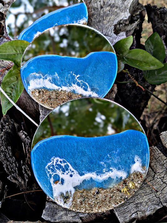 Coastal Ocean Mirror Ornament  Handmade Resin Wave Art with Gold Sun | Beach Christmas Gift | Tropical Holiday Tree Decor