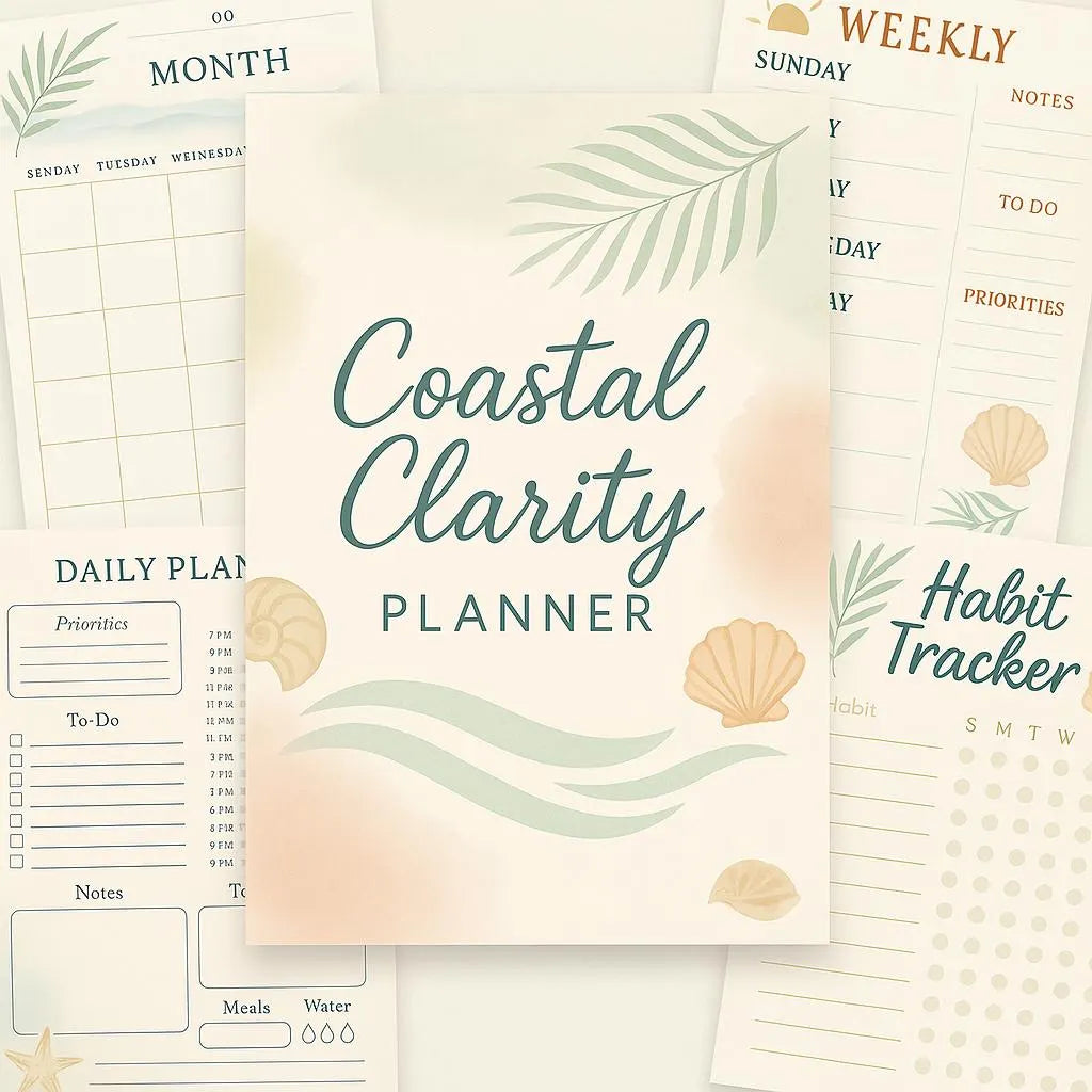 Coastal Digital Planner | 8-Page Beach-Inspired Printable & Tablet PDF | Daily, Weekly, Monthly, Budget and Self-Care Journal
