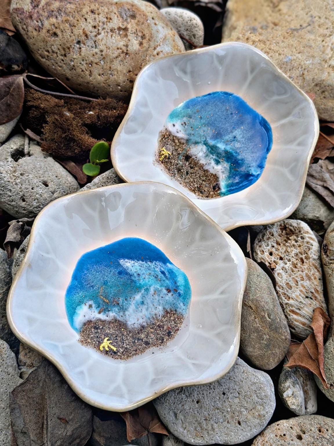 Coastal Trinket Dish with Ocean Resin Art  Handmade Ring Bowl with Real Sand, Gold Foil & Beachy Detail | Jewelry Holder Gift