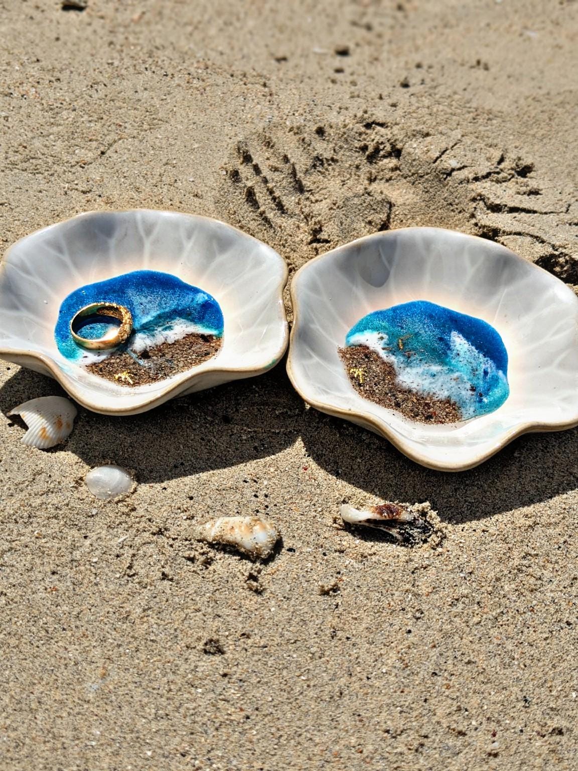 Coastal Trinket Dish with Ocean Resin Art  Handmade Ring Bowl with Real Sand, Gold Foil & Beachy Detail | Jewelry Holder Gift