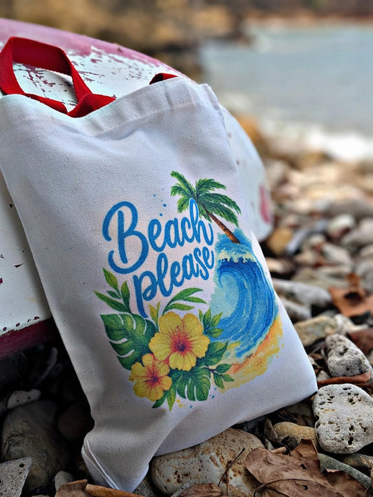 Beach Tote Bag  “Beach Please or “Sandy Toes & Salty Kisses | Coastal Canvas Bag | Summer Gift for Her | Tropical Market Bag