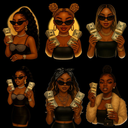 Money Miami Diva PNG Bundle | Afro Glam Girl Clipart | Boss Babe Sublimation Graphics | Black Girl Luxury Art | Cut File for Tumblers & Tees