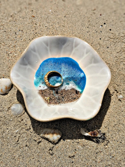 Coastal Trinket Dish with Ocean Resin Art  Handmade Ring Bowl with Real Sand, Gold Foil & Beachy Detail | Jewelry Holder Gift
