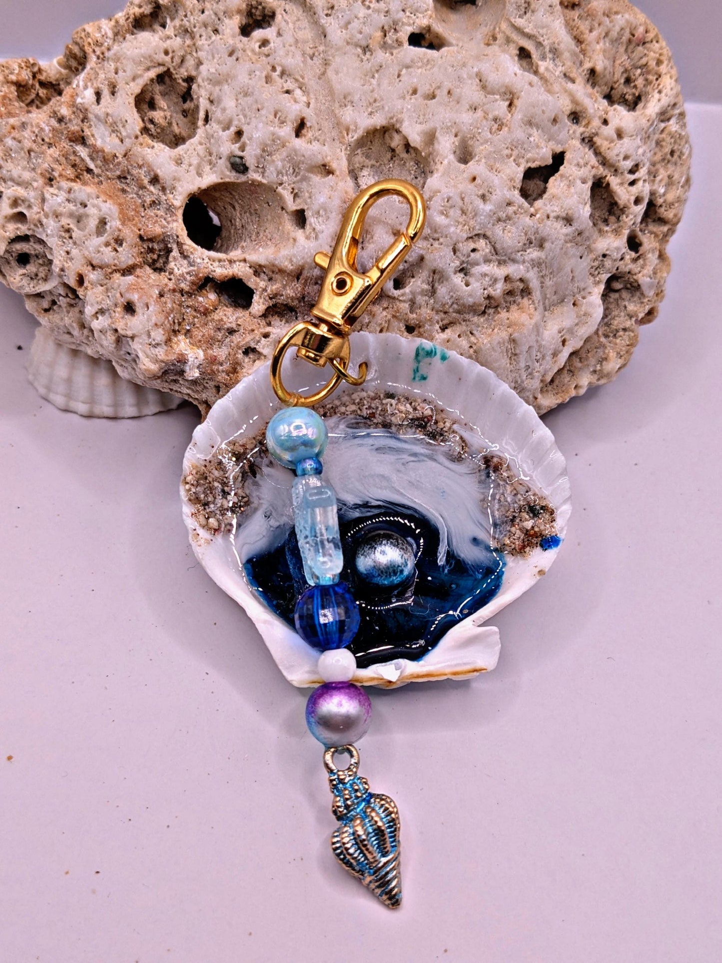 Ocean Shell Keychain with Starfish Charm  Handmade Coastal Beaded Accessory
