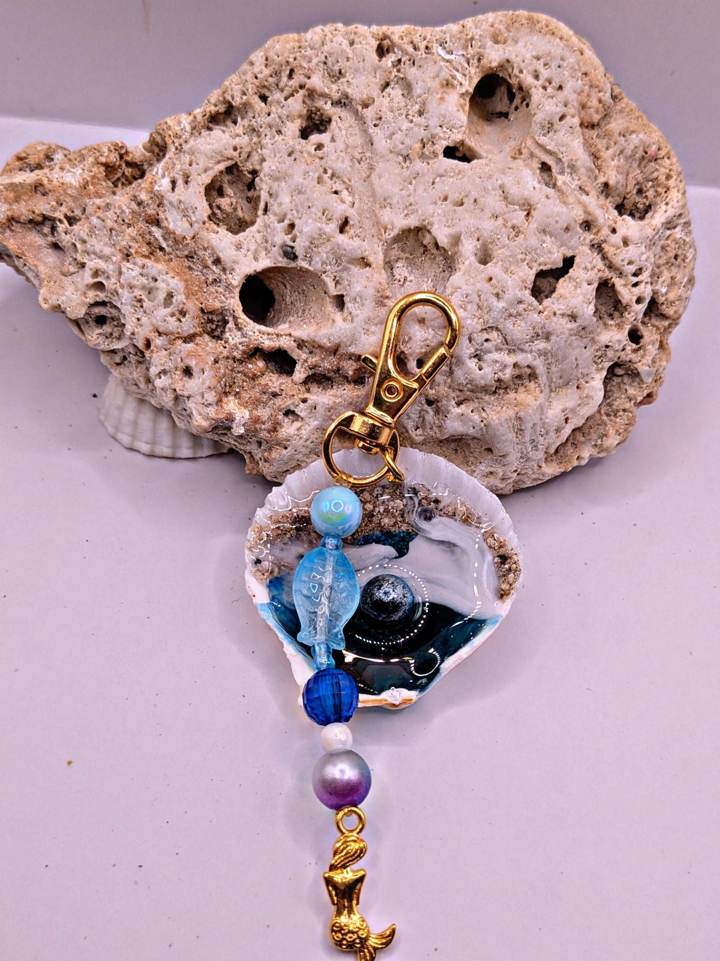 Ocean Shell Keychain with Starfish Charm  Handmade Coastal Beaded Accessory
