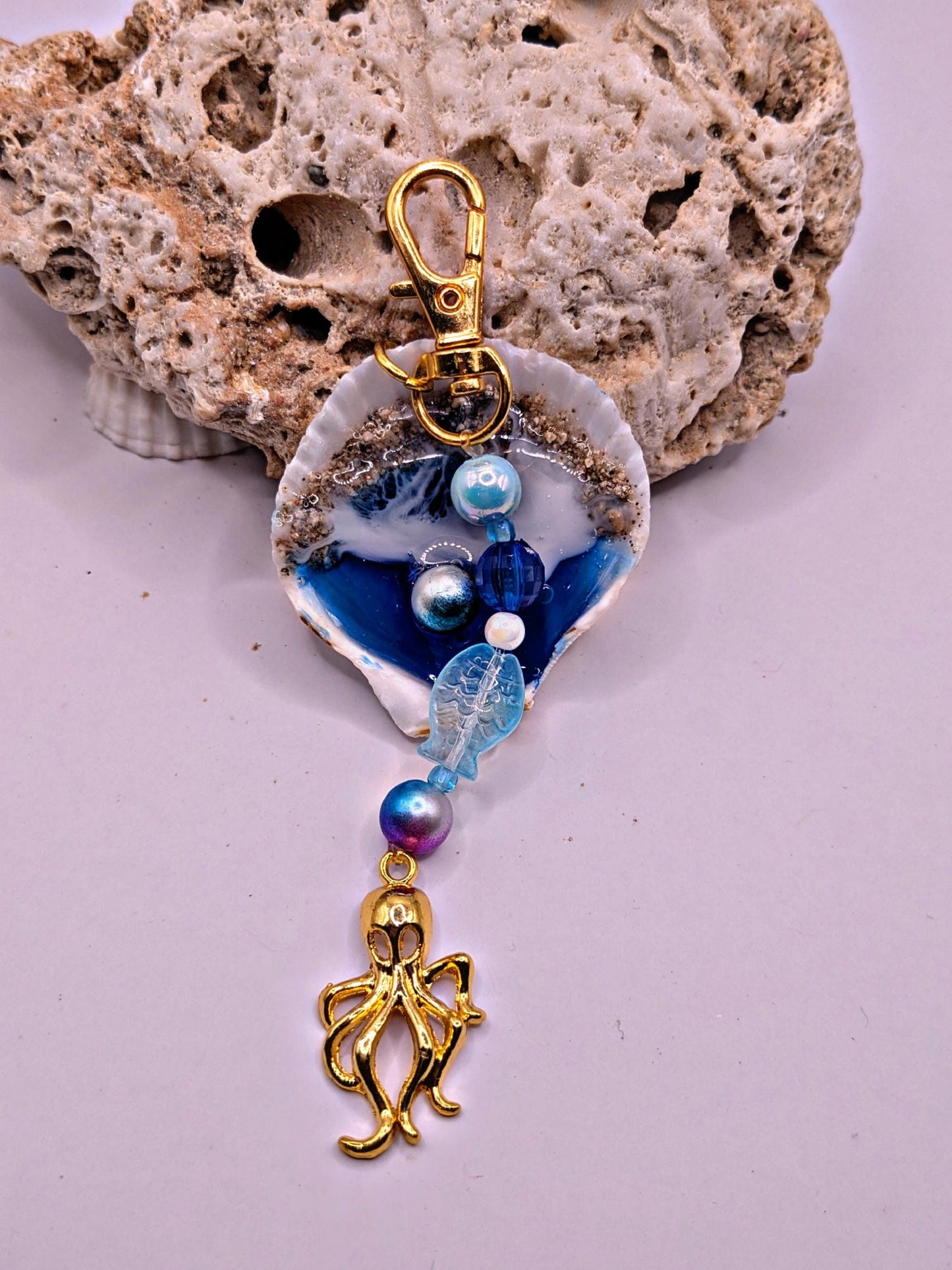 Ocean Shell Keychain with Starfish Charm  Handmade Coastal Beaded Accessory