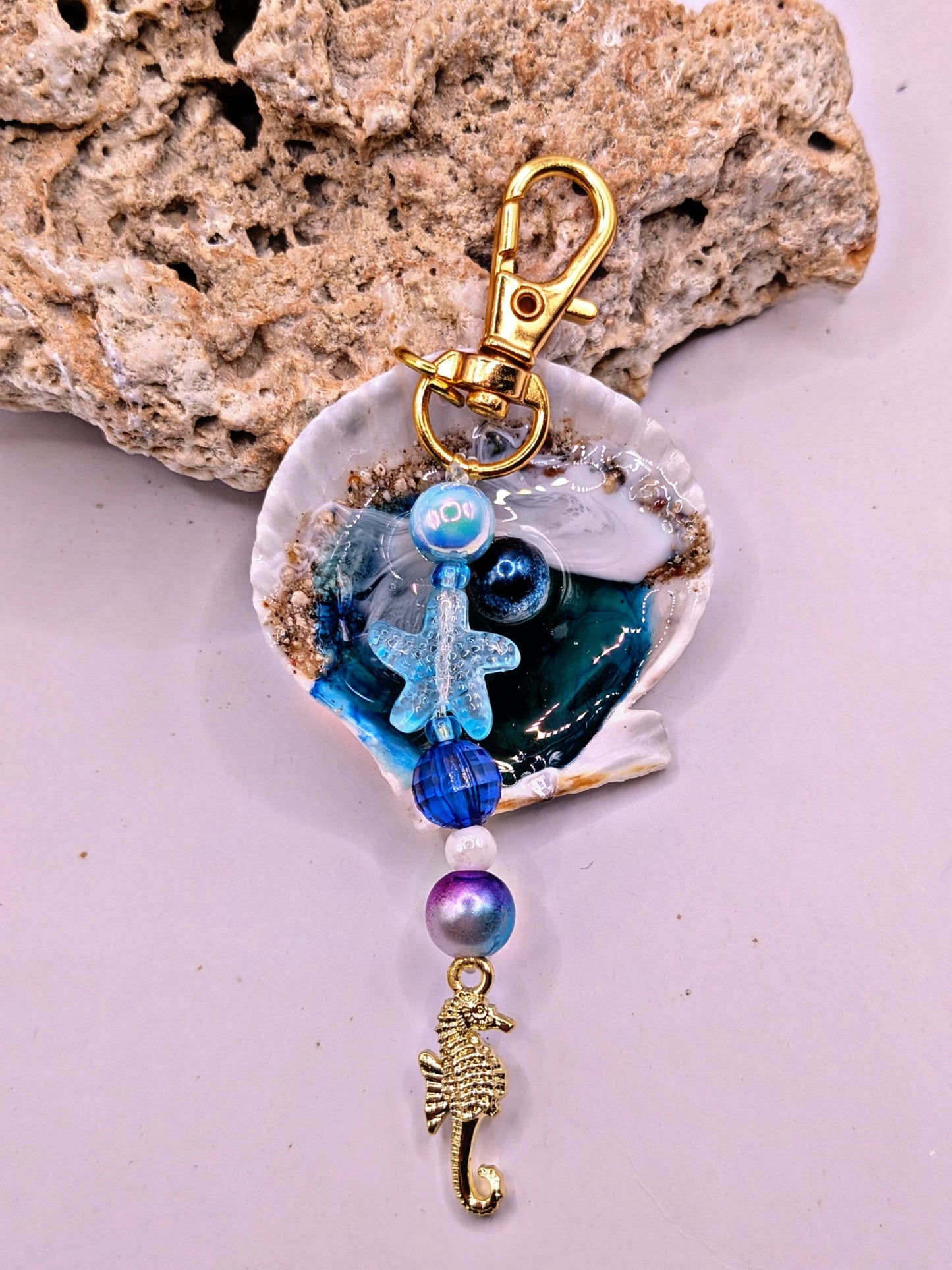 Ocean Shell Keychain with Starfish Charm  Handmade Coastal Beaded Accessory