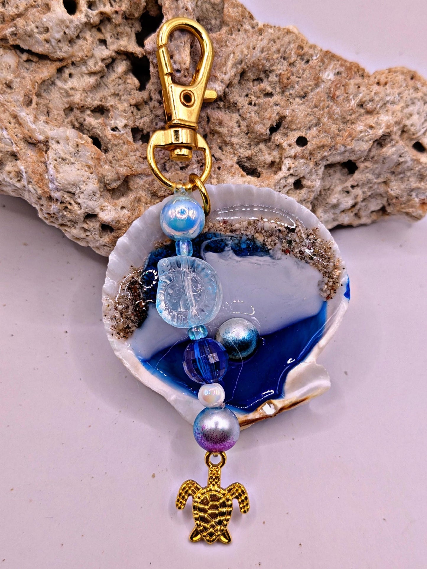 Ocean Shell Keychain with Starfish Charm  Handmade Coastal Beaded Accessory